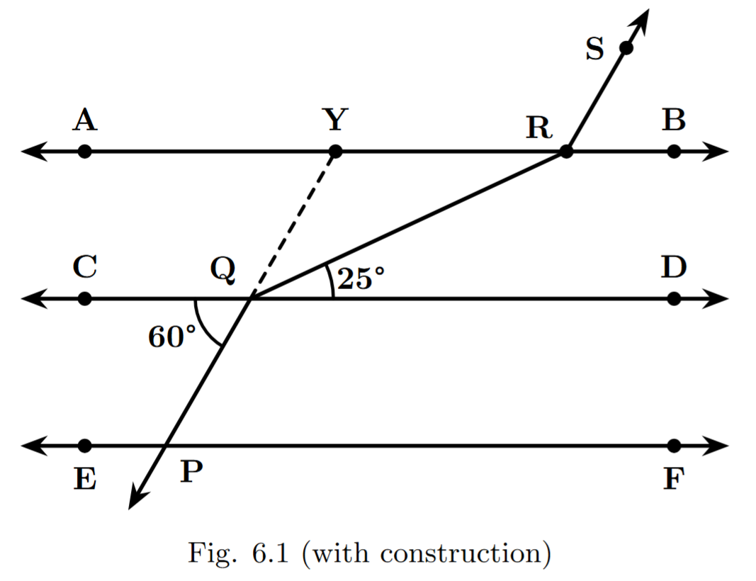 The original figure with an additional construction line. The line segment QP is extended backwards to intersect the line AB at a new point Y.
