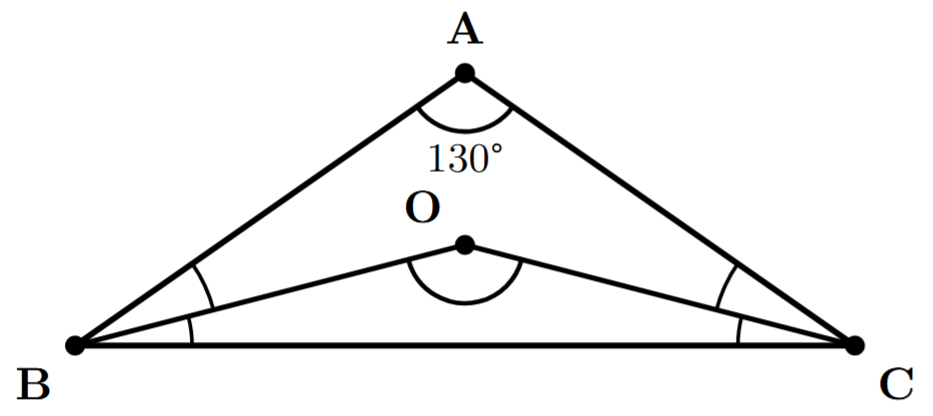 A triangle ABC with a large obtuse angle at vertex A (130 degrees). The bisectors of the other two angles, B and C, are drawn as lines BO and CO, which meet at a point O inside the triangle. The angle to be found is angle BOC.
