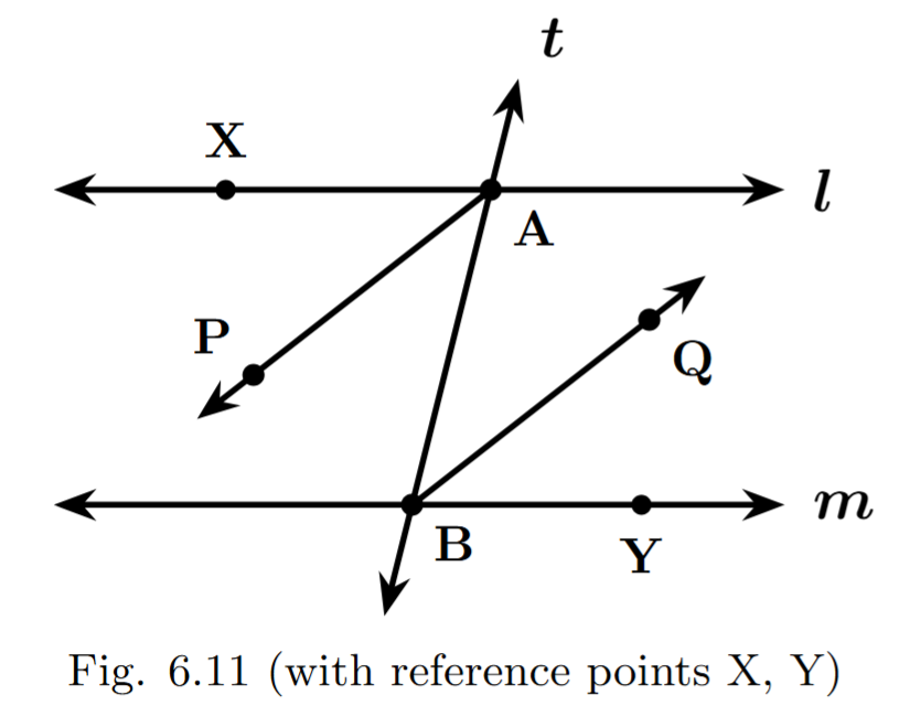Two lines l and m intersected by a transversal t at points A and B. A point X is marked on line l to the left of A, and a point Y is marked on line m to the right of B, to clearly define the alternate interior angles XAB and ABY. Ray AP bisects angle XAB and ray BQ bisects angle ABY.