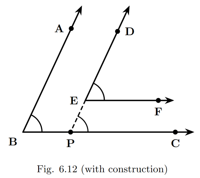 The original figure with a construction line. The line segment ED is extended (produced) to intersect the line segment BC at a new point labeled P.