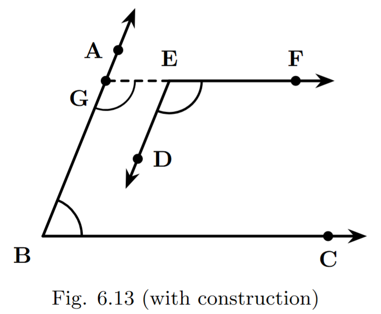 The original figure with a construction line. The ray EF is extended backwards, passing through E, to intersect the ray BA at a new point labeled G.