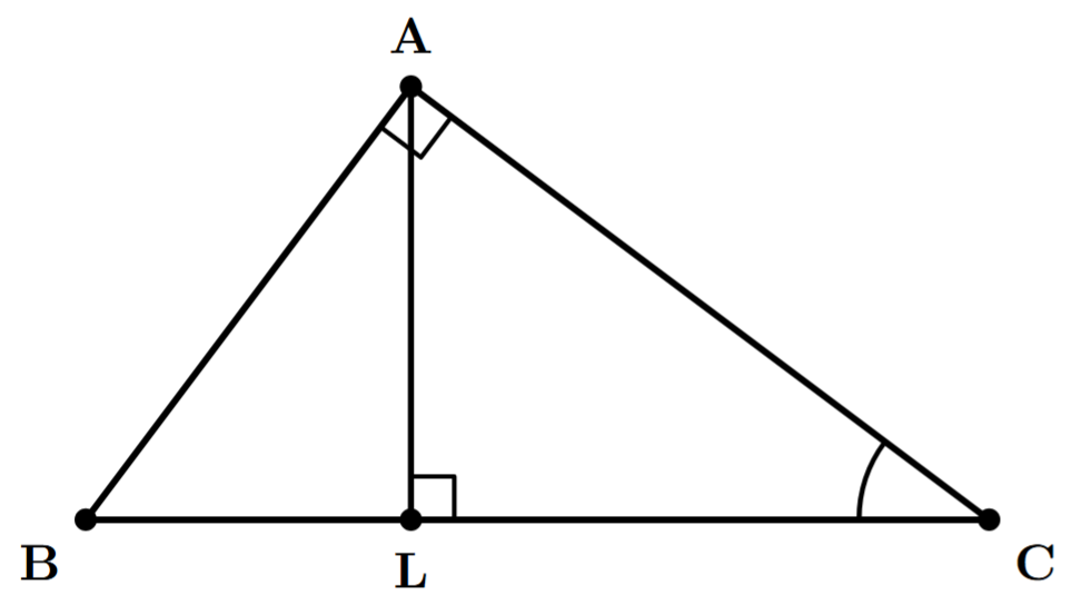 A right-angled triangle ABC, with the right angle at A. A line segment AL is drawn from A perpendicular to the hypotenuse BC at point L, forming two smaller right-angled triangles inside.