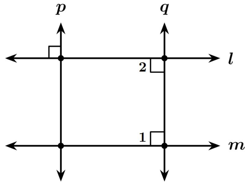 Two parallel horizontal lines, l and m. A vertical line p is shown perpendicular to line l. Another vertical line q is shown perpendicular to line m. All four lines intersect, forming right angles.