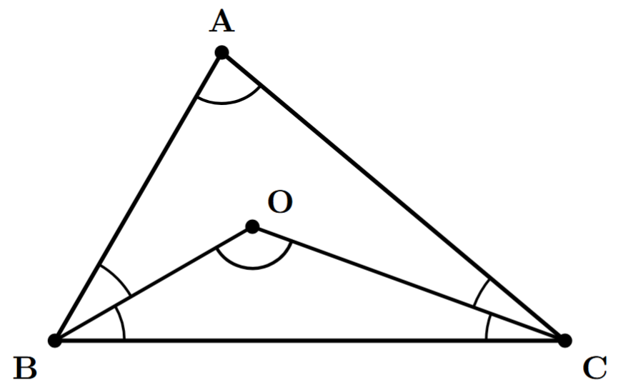 A triangle ABC. The bisectors of angles B and C, labeled BO and CO, meet at an interior point O. The angle at O, angle BOC, is the angle to be determined.