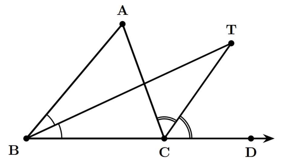 A triangle ABC with side BC extended to D. The bisector of angle ABC is BT. The bisector of the exterior angle ACD is CT. The two bisectors meet at point T, forming triangle BTC.