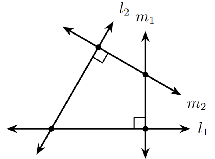 Two intersecting lines, l1 and l2. A third line, m1, is drawn perpendicular to l1. A fourth line, m2, is drawn perpendicular to l2. The proof will show that m1 and m2 must intersect.