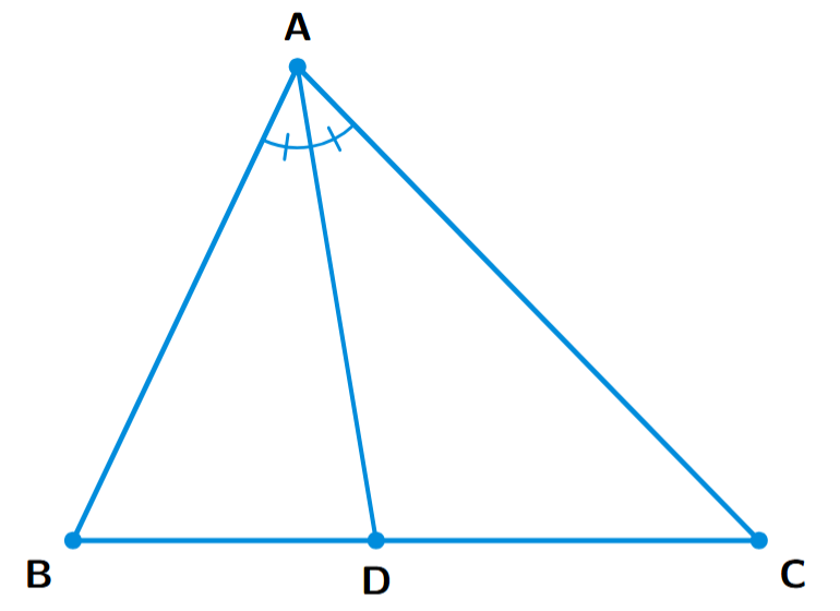 A triangle ABC with a point D on the base BC. A line segment AD is drawn, which bisects the angle BAC.