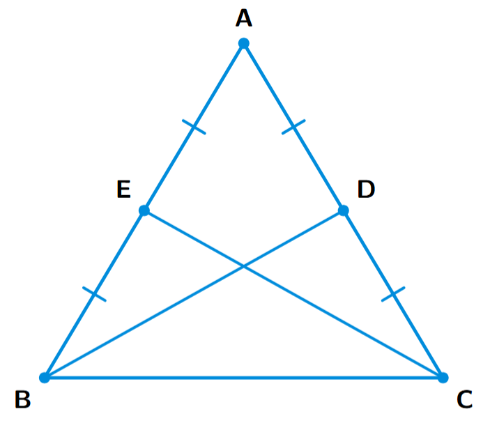 An isosceles triangle ABC with AB = AC. A median BD is drawn from B to the midpoint D of AC. Another median CE is drawn from C to the midpoint E of AB.