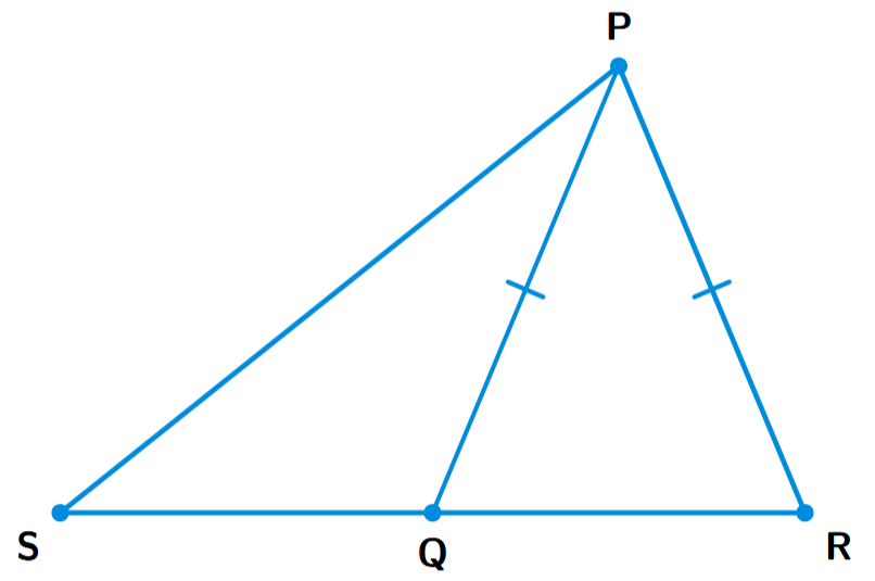 A triangle PSR. A point Q is on the base SR, between S and R. A line segment connects vertex P to Q. The triangle PQR is an isosceles triangle with PQ = PR.