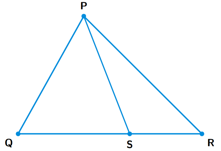 A triangle PQR. A point S is on the base QR. A line segment connects vertex P to the point S.