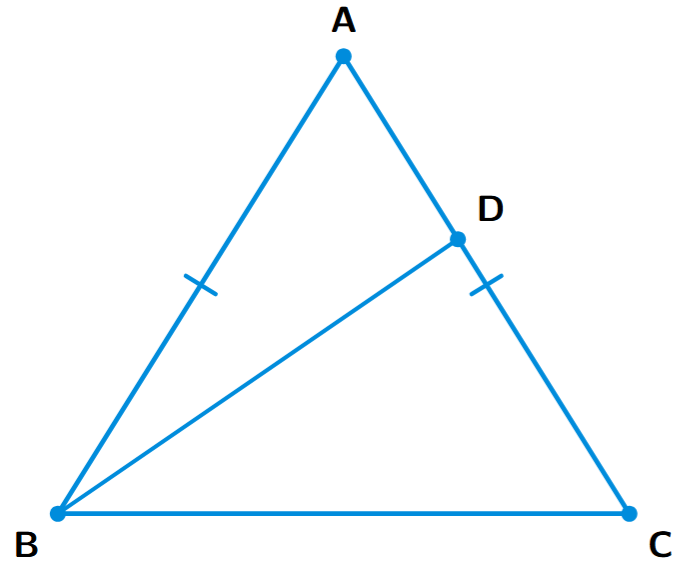 An isosceles triangle ABC with AB = AC. A point D is on the side AC. A line segment BD is drawn, forming a smaller triangle BDC.