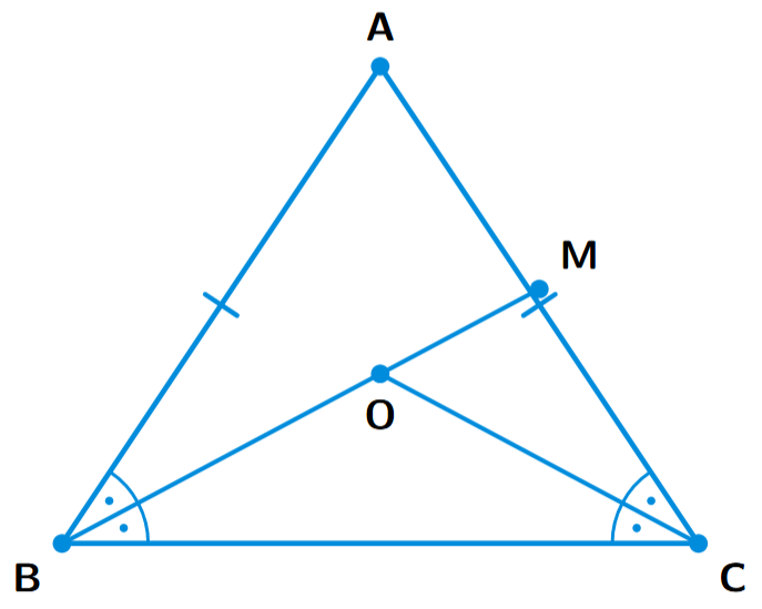 An isosceles triangle ABC with AB=AC. The bisectors of angles B and C meet at O. The line BO is extended to a point M, forming an exterior angle MOC for triangle BOC.