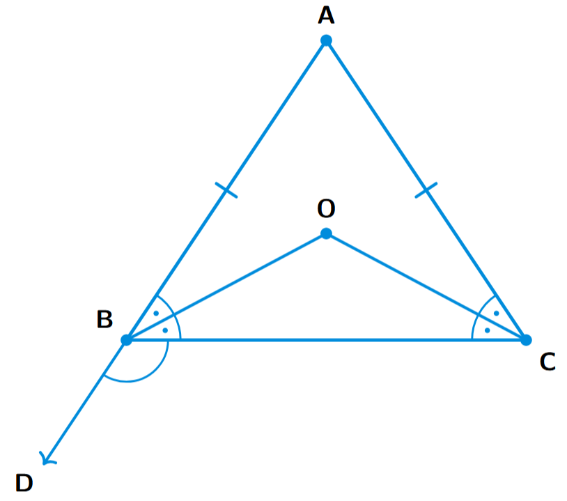 An isosceles triangle ABC with AB=AC. The bisectors of angles B and C meet at O. The side AB is extended to a point D, forming the external angle DBC.
