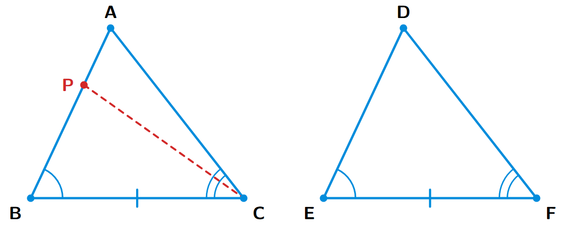 Two triangles, ABC and DEF, used to demonstrate the ASA congruence theorem. In triangle ABC, angle B and angle C are marked. In triangle DEF, angle E and angle F are marked. The included sides BC and EF are also marked as equal.