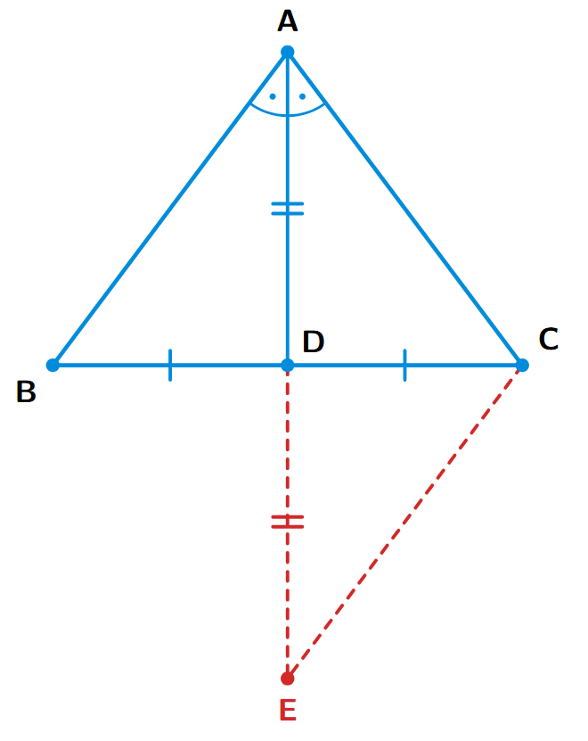 Triangle ABC with median and angle bisector AD. AD is extended to E such that AD = DE, and CE is joined, forming triangle ACE and triangle CDE.