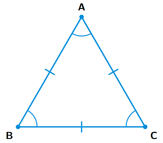 An equilateral triangle ABC with all sides marked as equal and all angles marked as 60 degrees.