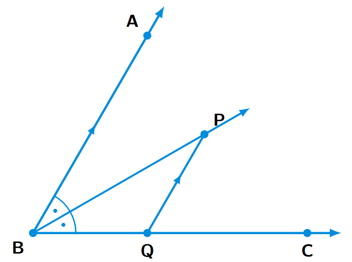 A diagram showing angle ABC with its bisector BP. A line PQ is drawn parallel to AB, where P is on the bisector and Q is on the line segment BC. This configuration forms the triangle BPQ.