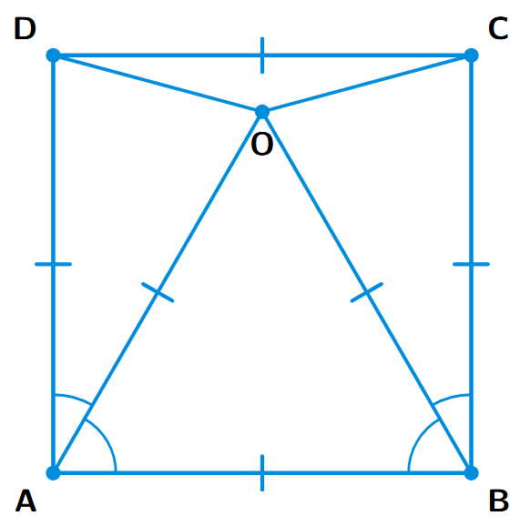 A square ABCD with a point O inside. O is connected to vertices A and B to form an equilateral triangle OAB. Lines OC and OD are also drawn, forming the triangle OCD, which needs to be proven isosceles.