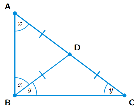 A triangle ABC with D as the midpoint of AC. The median BD is drawn. The length of BD is half the length of AC.