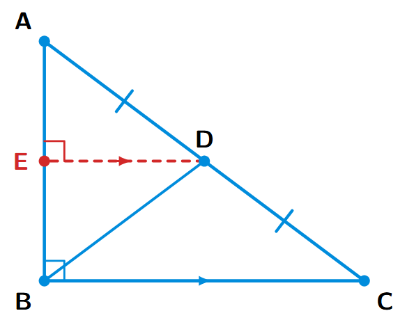 A right-angled triangle ABC with the right angle at B. D is the midpoint of the hypotenuse AC. A line segment DE is drawn parallel to BC, with E on the side AB. The median BD is also drawn.