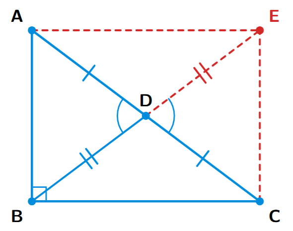 Alternate proof diagram: Right triangle ABC, D is midpoint of AC. BD is extended to E such that BD = DE. CE is joined, forming a rectangle ABCE.