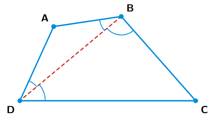 A quadrilateral ABCD with diagonal BD drawn. This construction is used to compare angle B and angle D, given that AB is the smallest side and CD is the largest side.