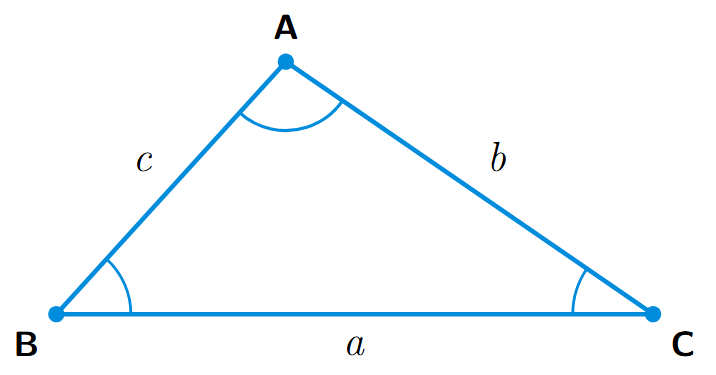 A non-equilateral triangle ABC with sides a, b, and c opposite to angles A, B, and C respectively. Side 'a' is depicted as the longest side.