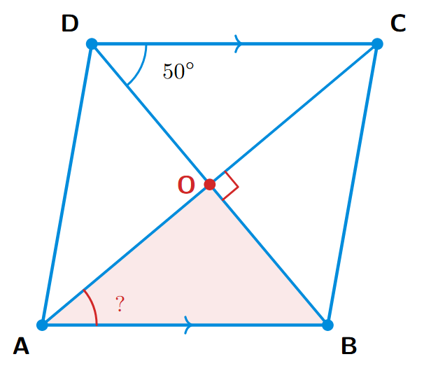 A parallelogram ABCD with diagonals AC and BD intersecting at O. Angle BOC is 90 degrees and angle BDC is 50 degrees.