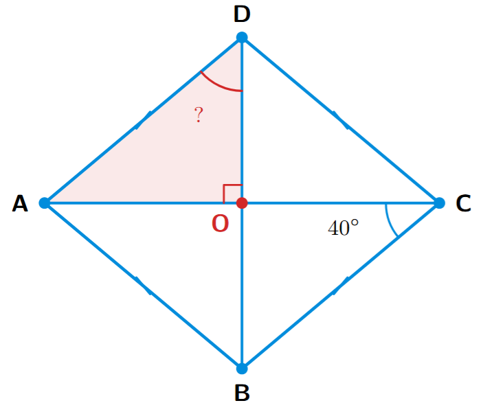 A rhombus ABCD with diagonals AC and BD intersecting at point O. The angle ACB is given as 40 degrees.