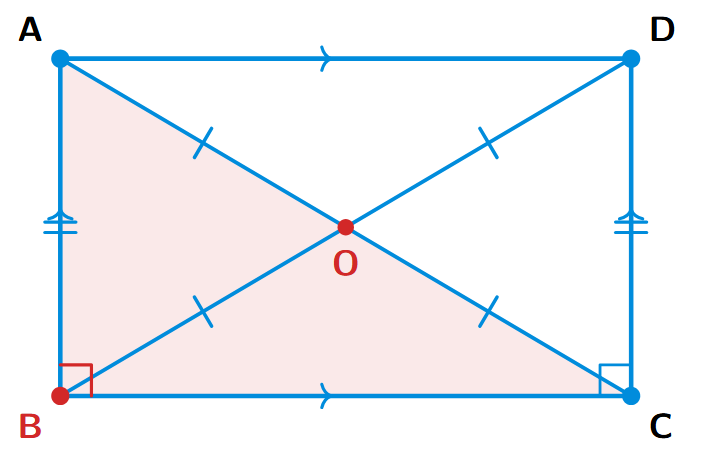 A parallelogram ABCD with equal diagonals AC and BD, which makes it a rectangle. The diagonals intersect at O. Angle ABC is a right angle.