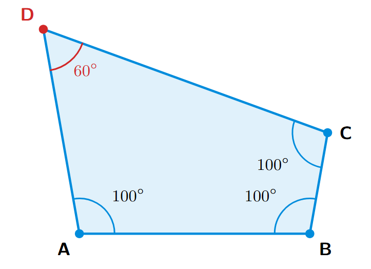 A quadrilateral that is not a parallelogram. Three of its angles are equal (e.g., 100 degrees) and the fourth is different (e.g., 60 degrees).