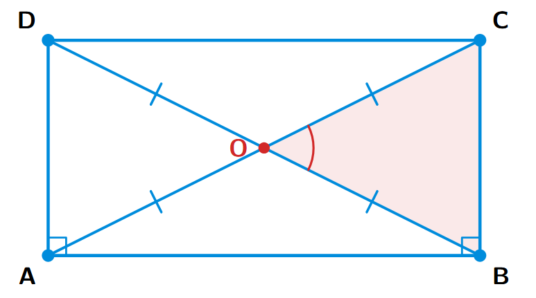A non-square rectangle ABCD with diagonals AC and BD intersecting at O. The angle of intersection is clearly not 90 degrees.