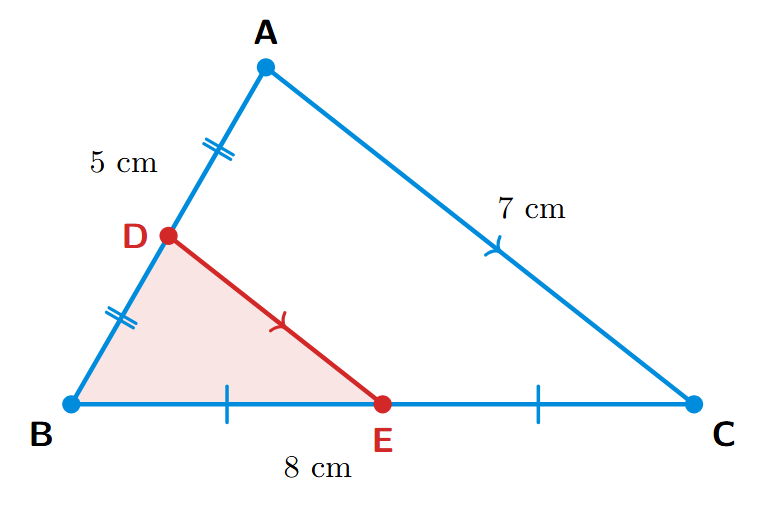 A triangle ABC with side lengths given. D is the midpoint of AB and E is the midpoint of BC. The line segment DE is drawn parallel to the side AC.