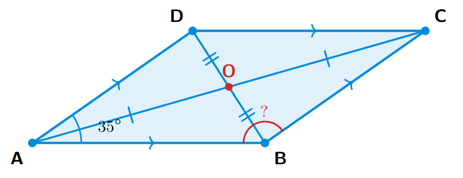 A parallelogram ABCD with angle A given as 35 degrees. Angle B is adjacent to angle A.