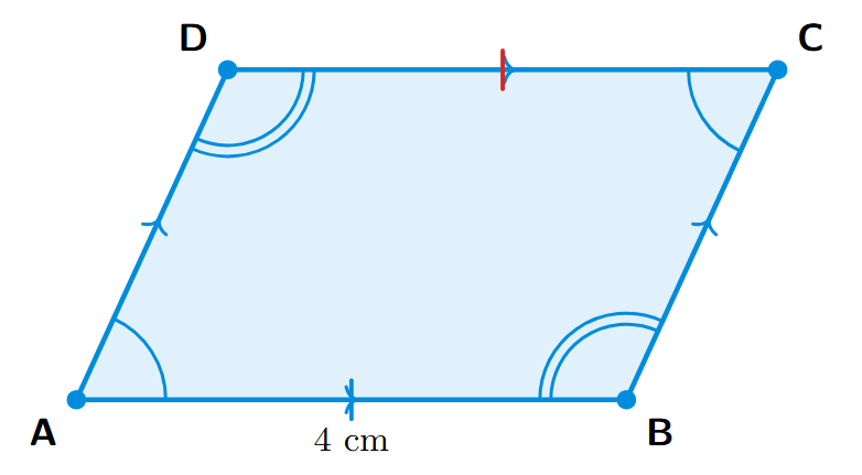 A parallelogram ABCD with side AB labeled as 4 cm. The side CD is opposite to AB.