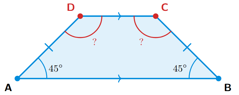 A trapezium ABCD with AB parallel to DC. Angles A and B are both 45 degrees. This makes it an isosceles trapezium.