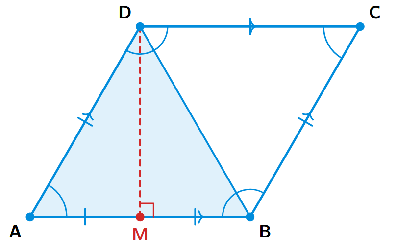 A rhombus ABCD with an altitude DM drawn from D to AB. M is the midpoint of AB, dividing it into two equal segments AM and MB. The triangle ABD is formed.