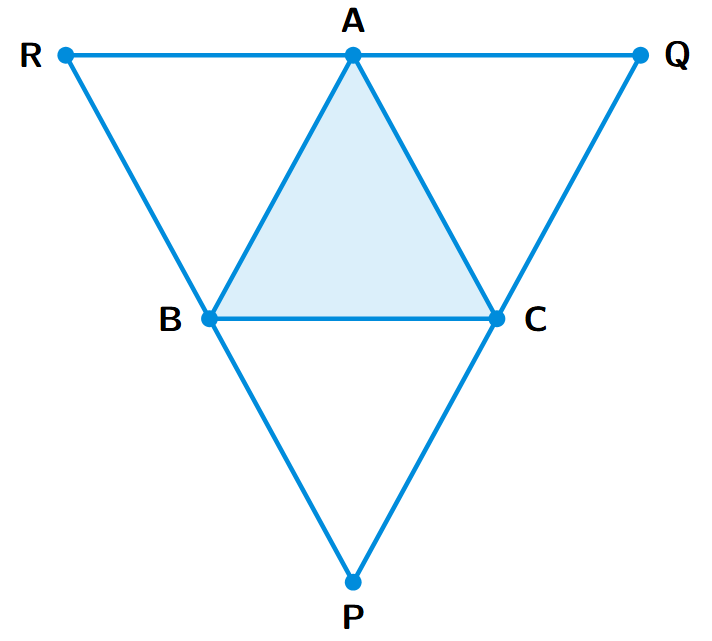 Triangle ABC is inside a larger triangle PQR. The vertices A, B, C of the inner triangle lie on the sides of the outer triangle. The sides of the outer triangle are parallel to the sides of the inner triangle.