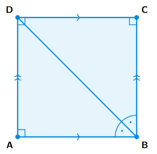 A rectangle ABCD, which is also a square. The diagonal BD is drawn, and it bisects angle B, meaning angle ABD is equal to angle CBD.
