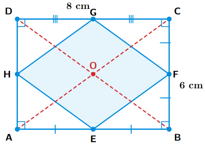 A rectangle ABCD with sides 8cm and 6cm. E, F, G, H are the mid-points of the sides AB, BC, CD, DA respectively, forming a quadrilateral EFGH. The diagonals AC and BD are also drawn.