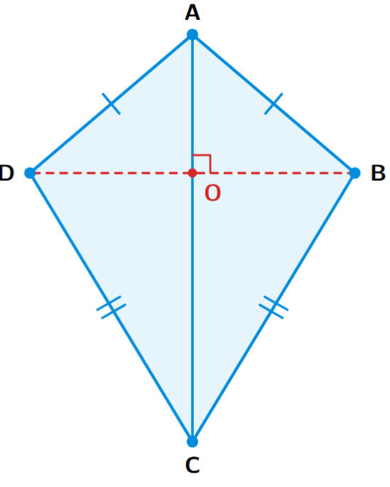 A kite ABCD with AC as the axis of symmetry. The triangles ABC and ADC are congruent.