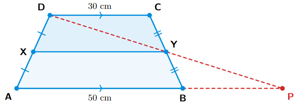 A trapezium ABCD with AB parallel to DC. X and Y are mid-points of AD and BC respectively. Construction of line line DY which is extended to meet the line AB (produced) at point P.