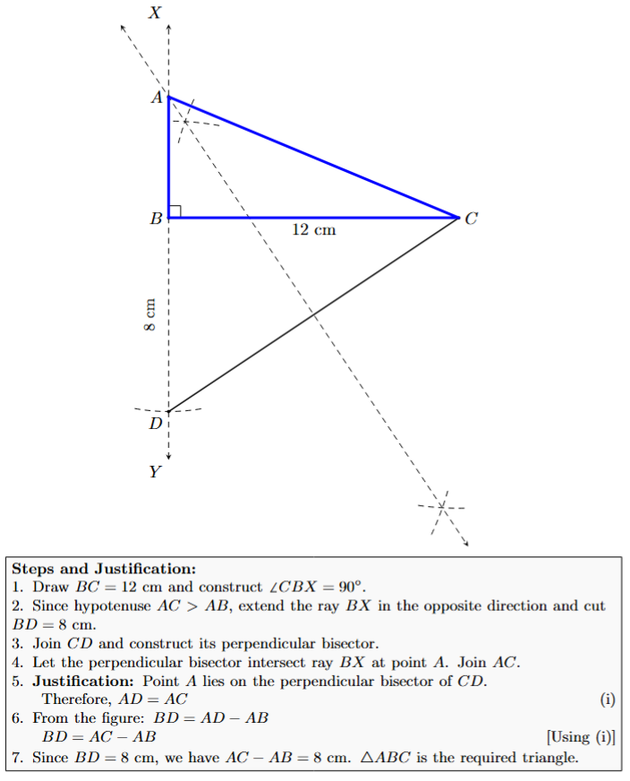 Construction of a right triangle with given base and difference of sides