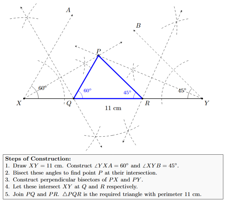 Construction of triangle PQR with perimeter 11cm