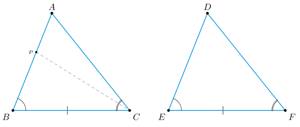 Two triangles ABC and DEF for proving ASA congruence