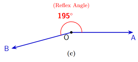 An angle of 165 degrees is drawn, with a large arc marking the outer reflex angle of 195 degrees.