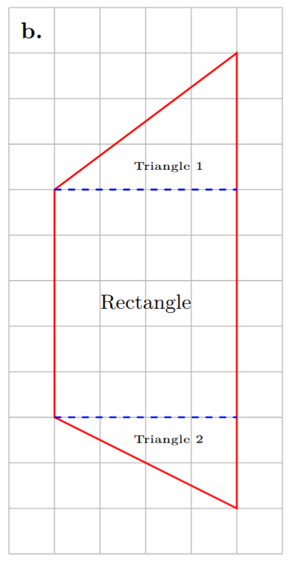 A diagram showing a central 5x4 rectangle with a 3x4 triangle on one side and a 2x4 triangle on the other.