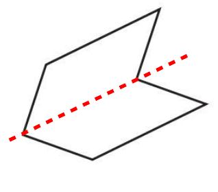 The first figure, a concave hexagon, with a horizontal red dashed line of symmetry drawn through its center.
