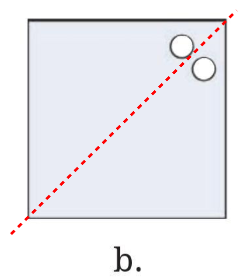 A square sheet with two holes in the top-right corner, placed symmetrically across the diagonal that runs from the top-right to the bottom-left corner.
