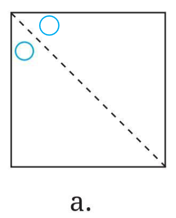 A square with a diagonal line of symmetry from top-left to bottom-right. An original hole below the line near the top-left corner and its reflection above the line near the bottom-right corner.
